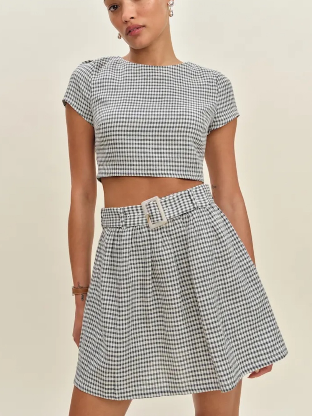 Reformation Niki belted linen two piece set - Slate Check - Size 6